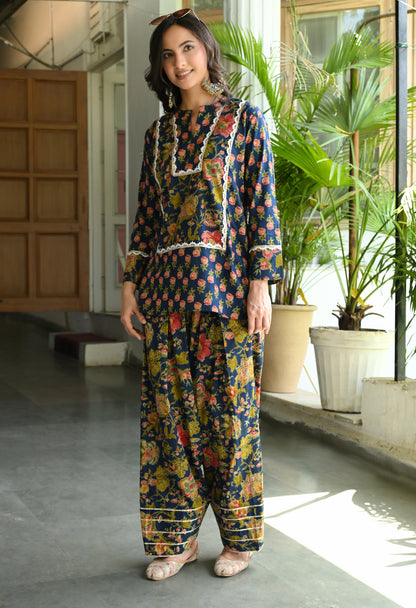 Indigo Blue Floral Hand-Block Cotton Co-ord Set – Farshi Salwar Ethnic Wear