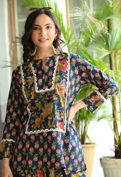 Indigo Blue Floral Hand-Block Cotton Co-ord Set – Farshi Salwar Ethnic Wear