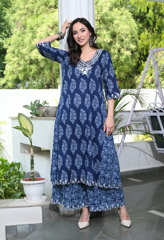 Indigo Blue Floral Hand-Block Longline Tunic & Wide-Leg Trouser Set