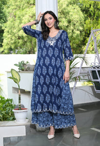 Indigo Blue Floral Hand-Block Longline Tunic & Wide-Leg Trouser Set