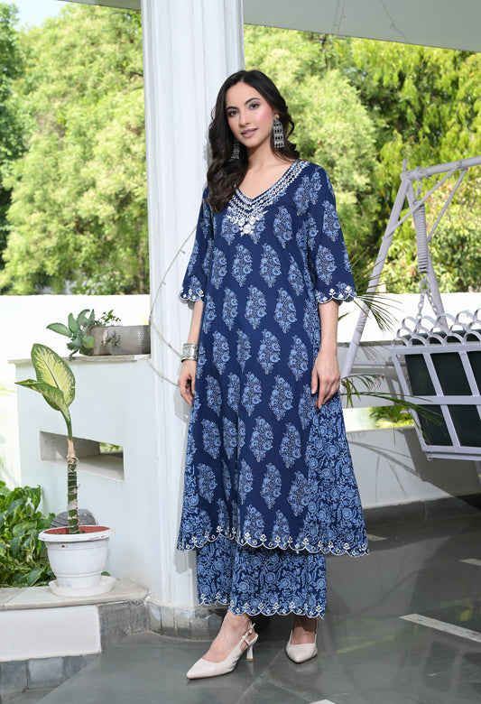 Indigo Blue Floral Hand-Block Longline Tunic & Wide-Leg Trouser Set