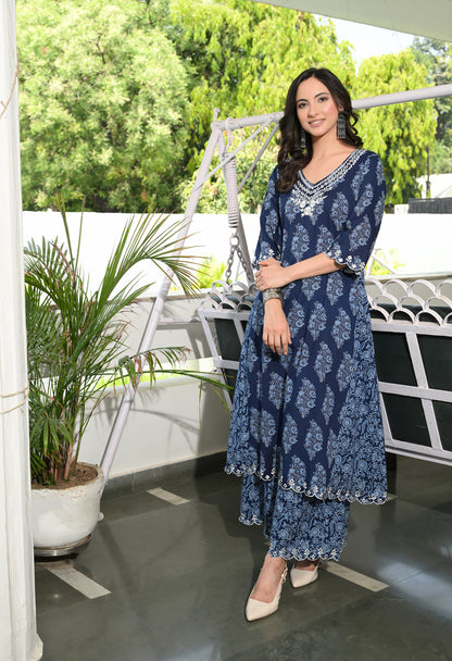 Indigo Blue Floral Hand-Block Longline Tunic & Wide-Leg Trouser Set