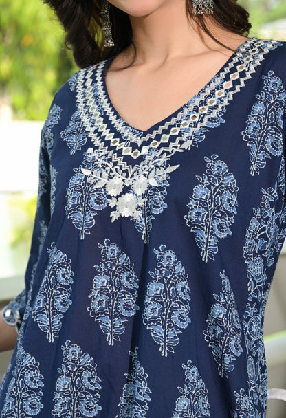 Indigo Blue Floral Hand-Block Longline Tunic & Wide-Leg Trouser Set