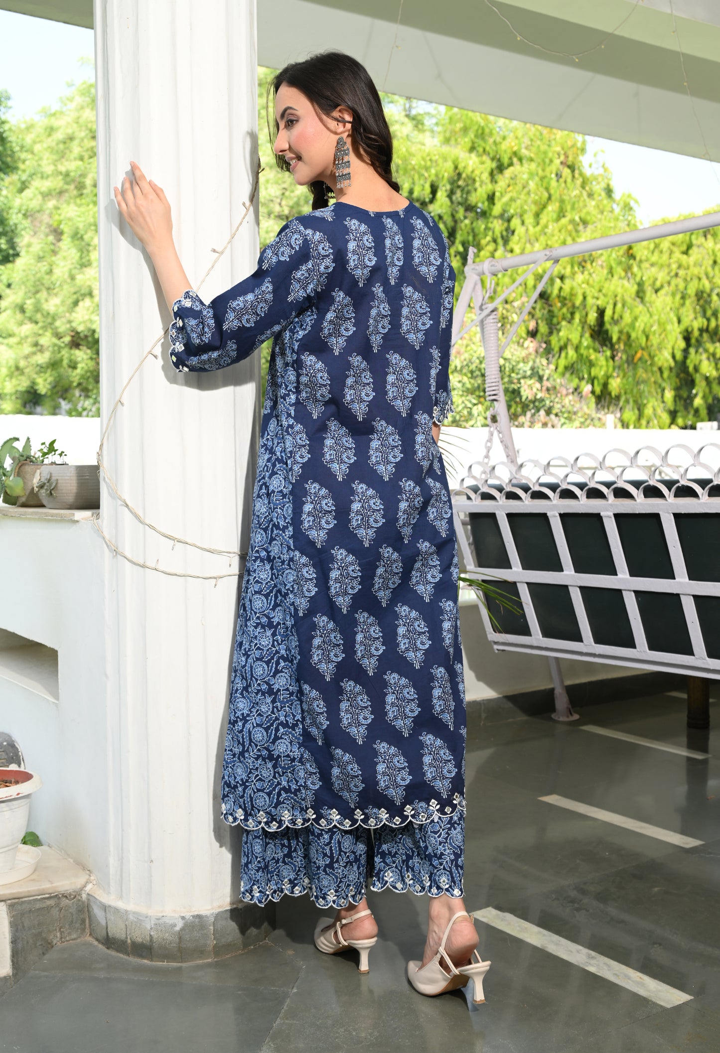 Indigo Blue Floral Hand-Block Longline Tunic & Wide-Leg Trouser Set