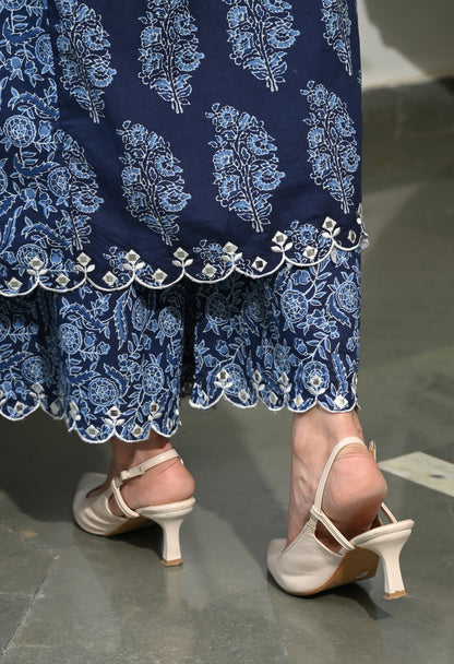Indigo Blue Floral Hand-Block Longline Tunic & Wide-Leg Trouser Set