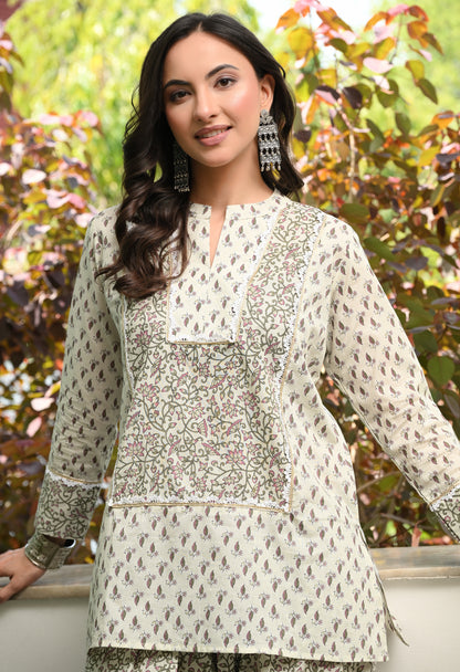 White Floral Hand-Block Printed Cotton Co-ord Set – Farshi Salwar Ethnic Wear