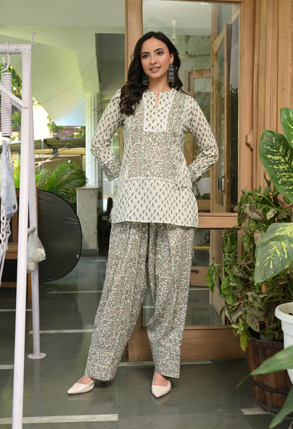 White Floral Hand-Block Printed Cotton Co-ord Set – Farshi Salwar Ethnic Wear