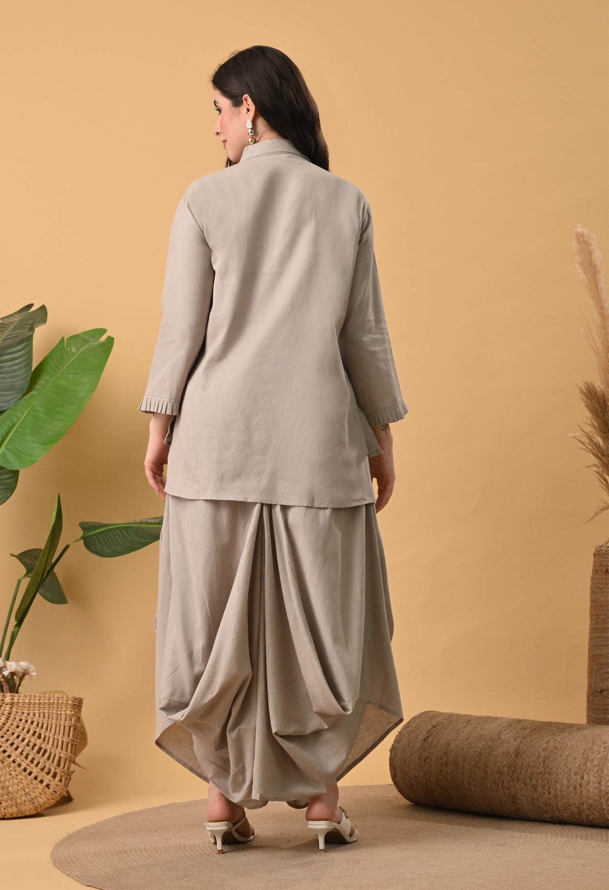 Sand Beige Pure Cotton Drape Skirt Co-ord Set