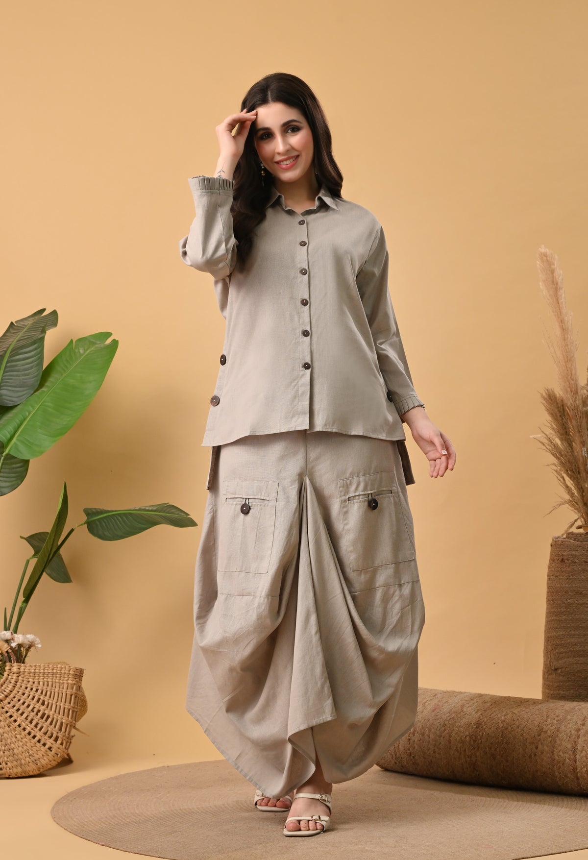 Sand Beige Pure Cotton Drape Skirt Co-ord Set
