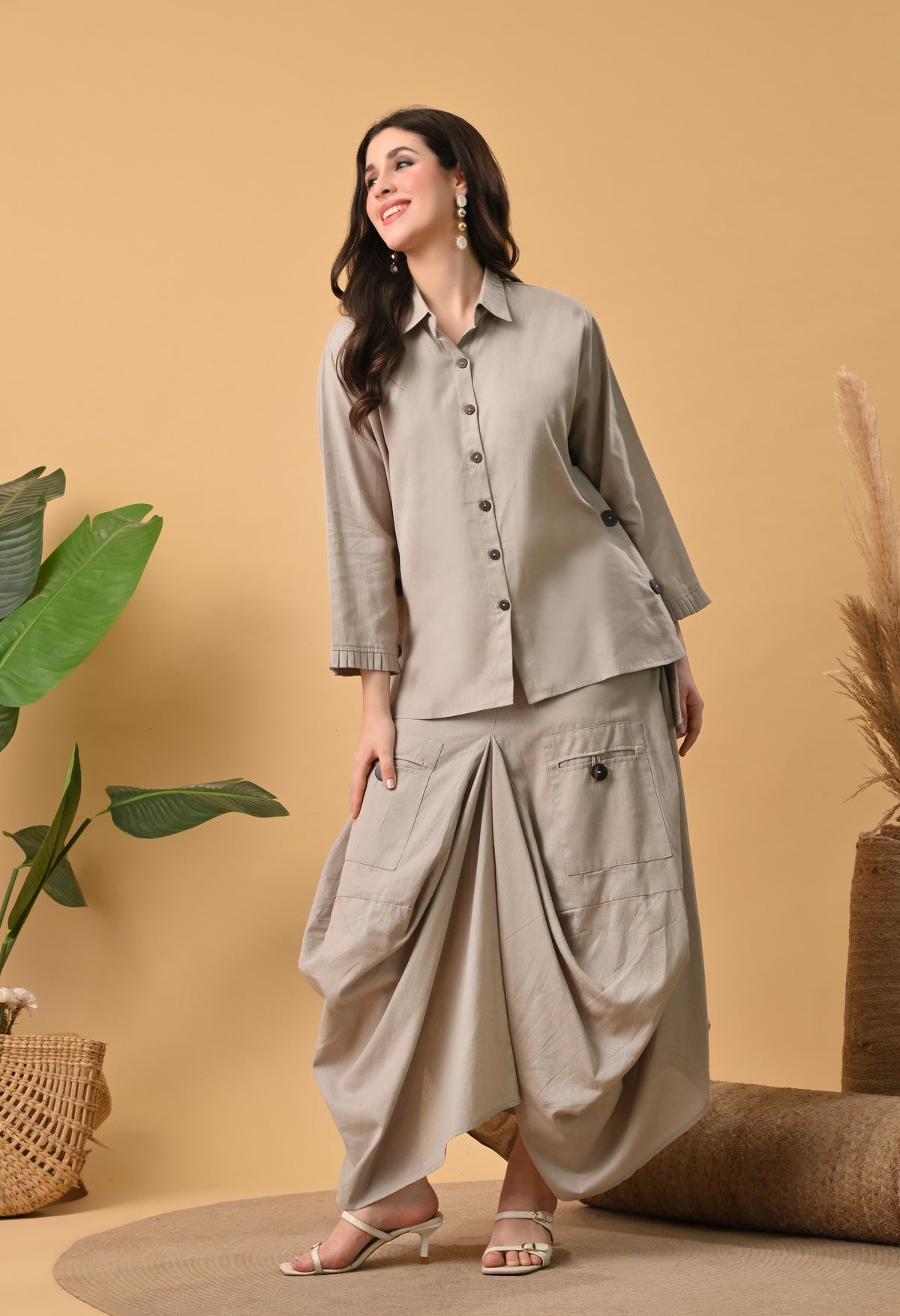Sand Beige Pure Cotton Drape Skirt Co-ord Set