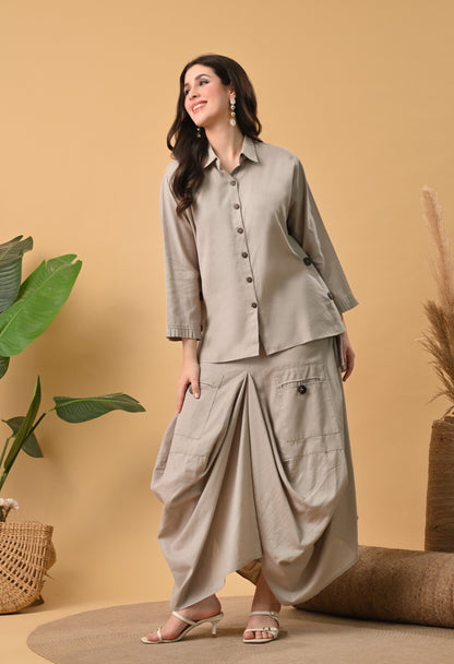 Sand Beige Pure Cotton Drape Skirt Co-ord Set