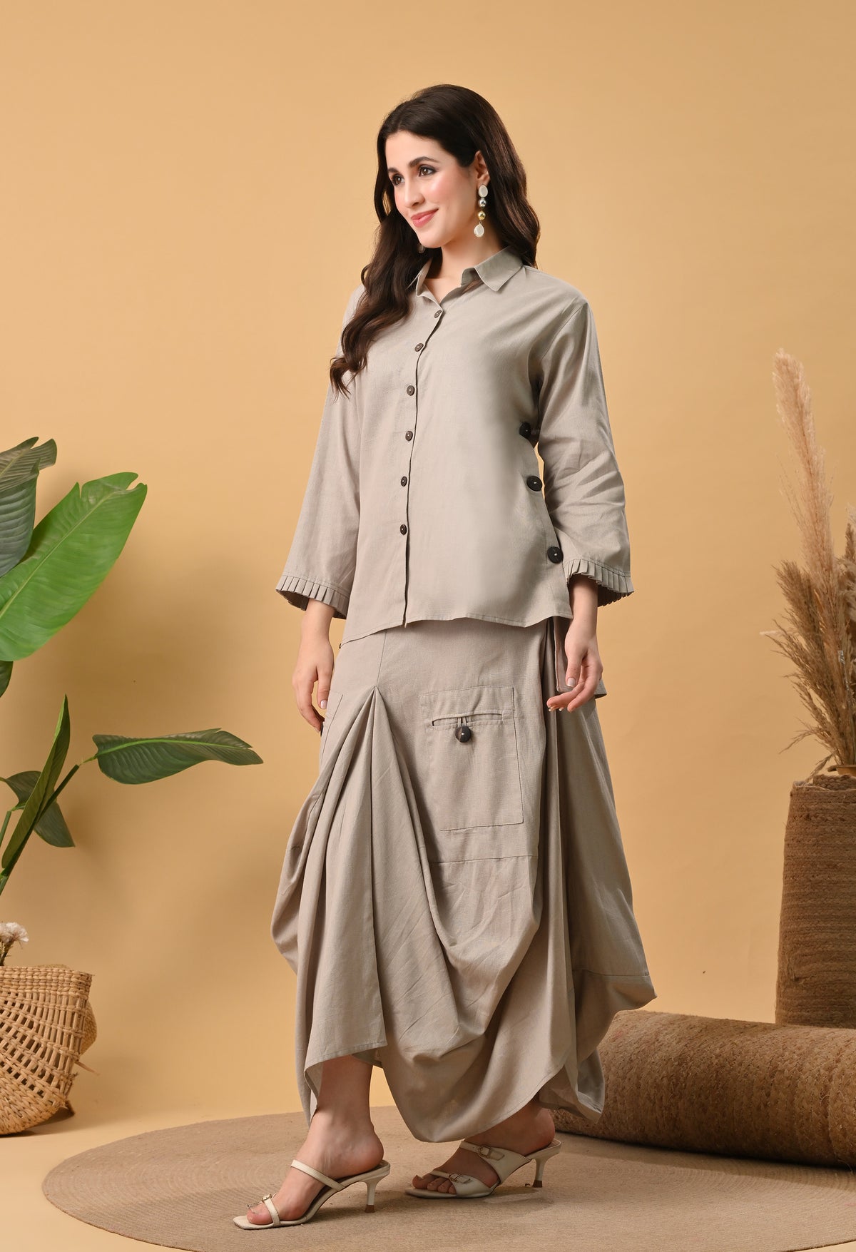 Sand Beige Pure Cotton Drape Skirt Co-ord Set