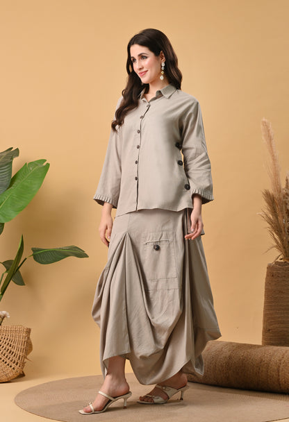 Sand Beige Pure Cotton Drape Skirt Co-ord Set