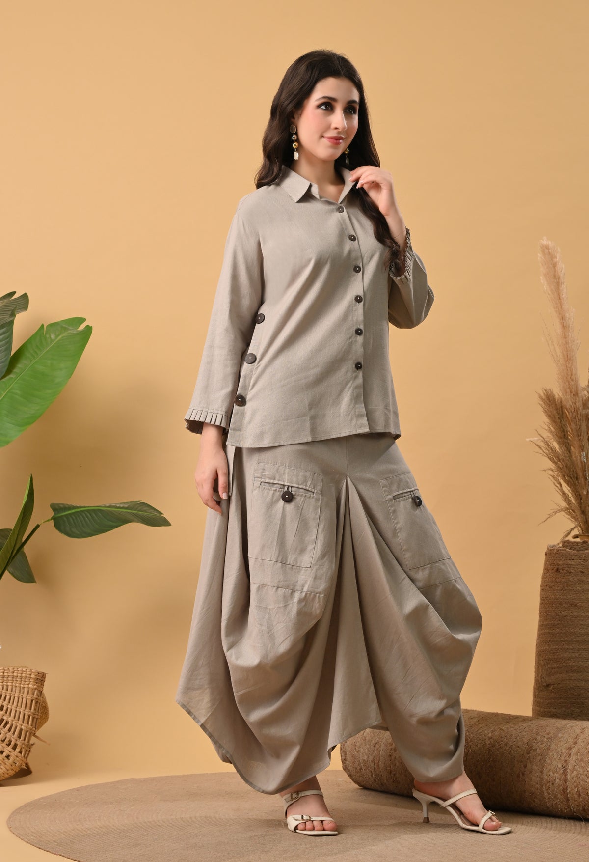 Sand Beige Pure Cotton Drape Skirt Co-ord Set