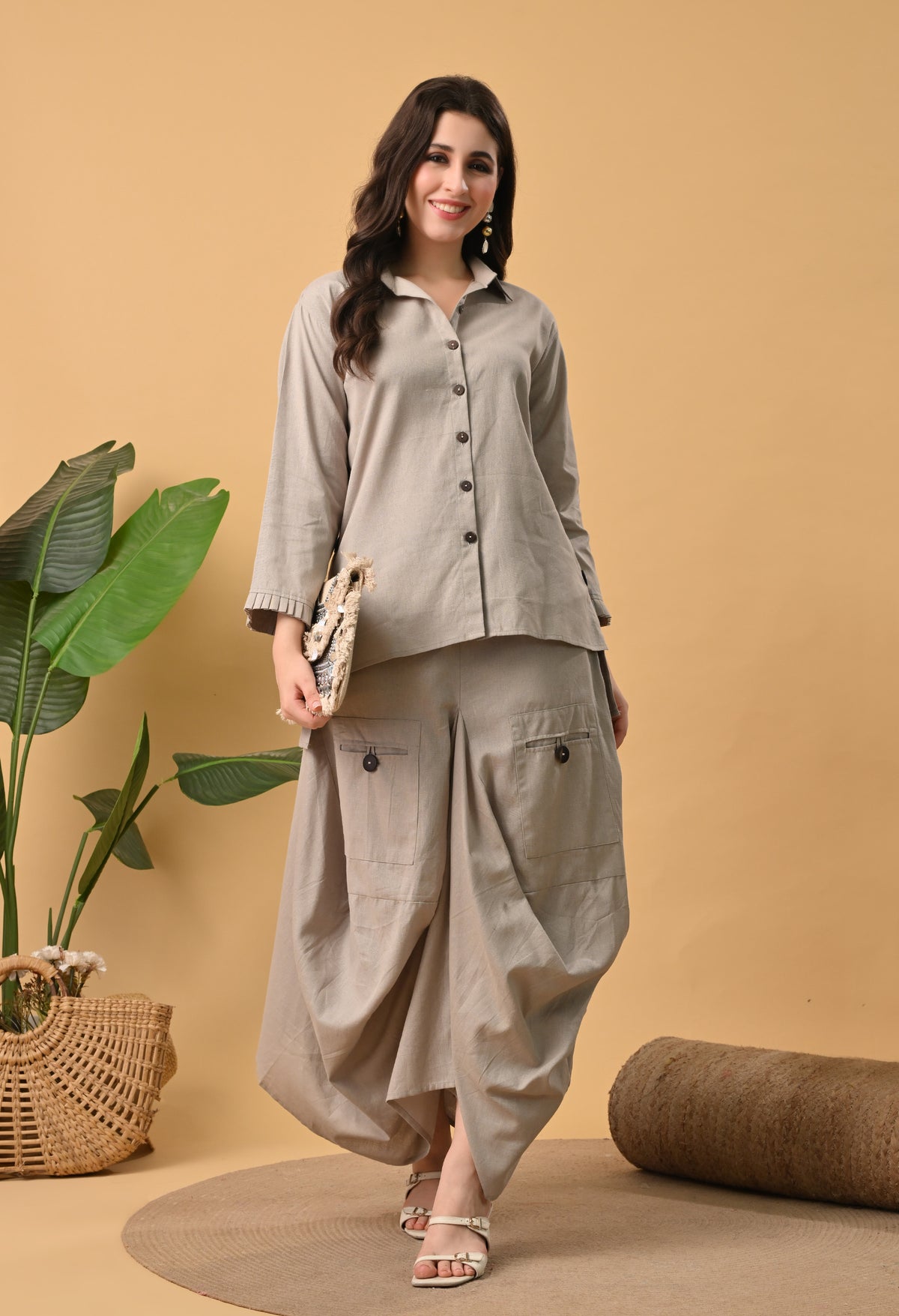 Sand Beige Pure Cotton Drape Skirt Co-ord Set