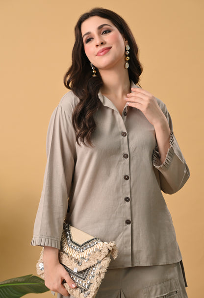 Sand Beige Pure Cotton Drape Skirt Co-ord Set