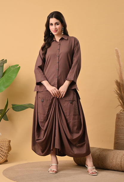 Sukoon Cocoa — Cotton Drape Skirt Set
