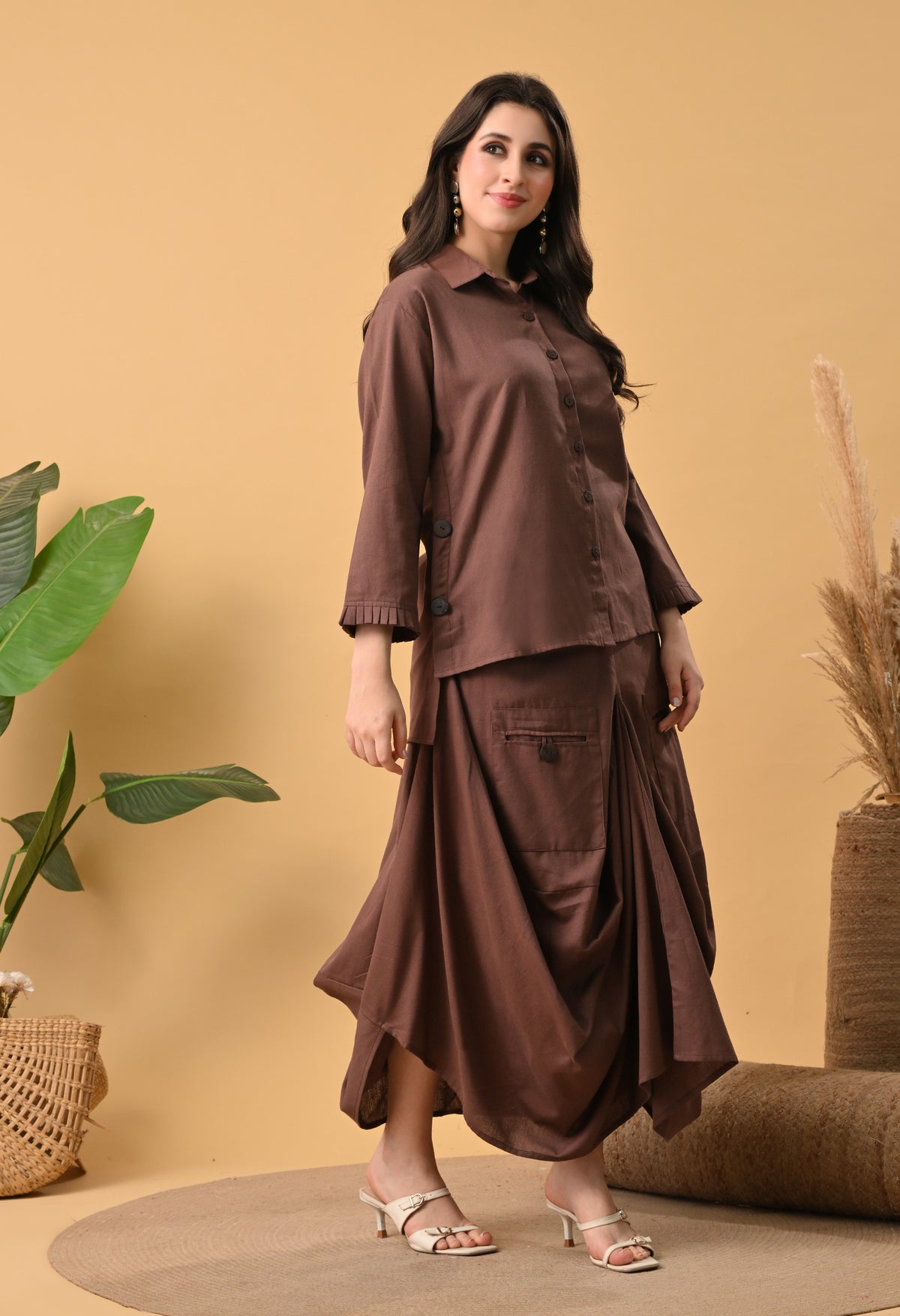 Sukoon Cocoa — Cotton Drape Skirt Set
