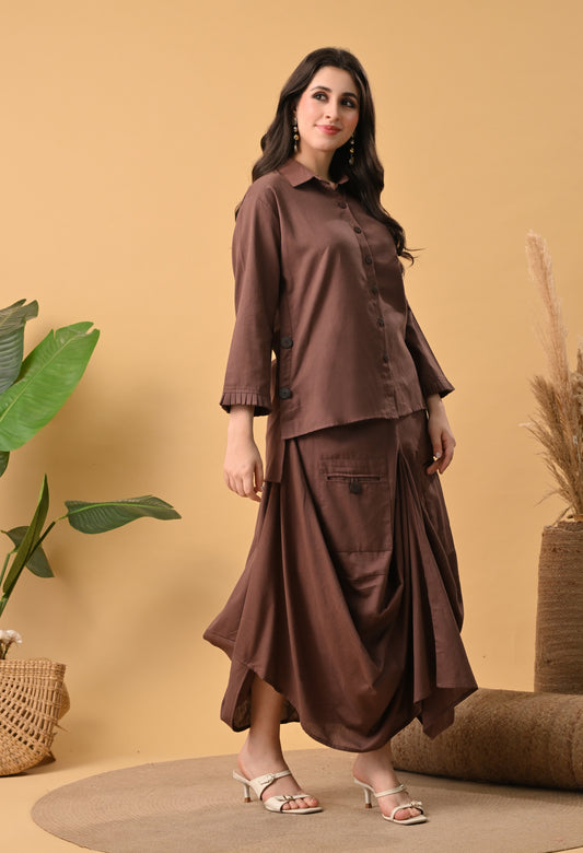 Sukoon Cocoa — Cotton Drape Skirt Set