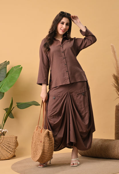Sukoon Cocoa — Cotton Drape Skirt Set