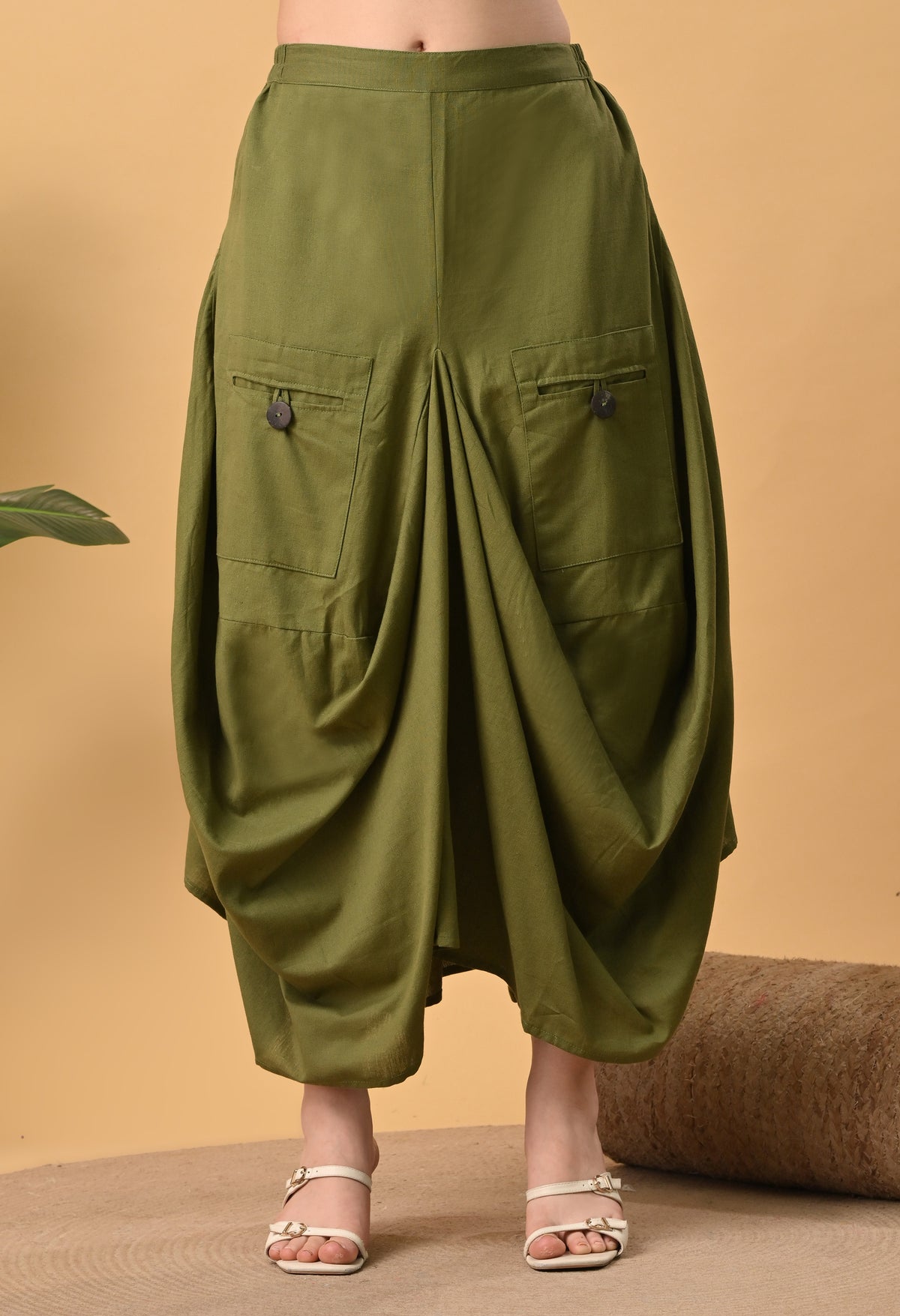 Olive Green Pure Cotton Drape Skirt Set
