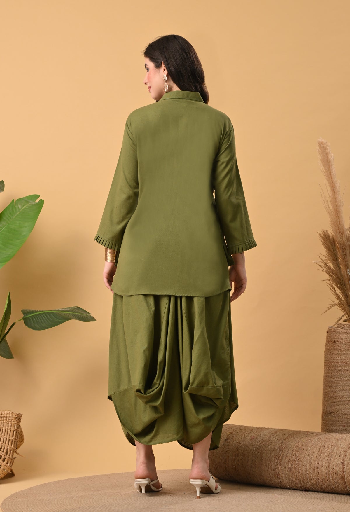 Olive Green Pure Cotton Drape Skirt Set