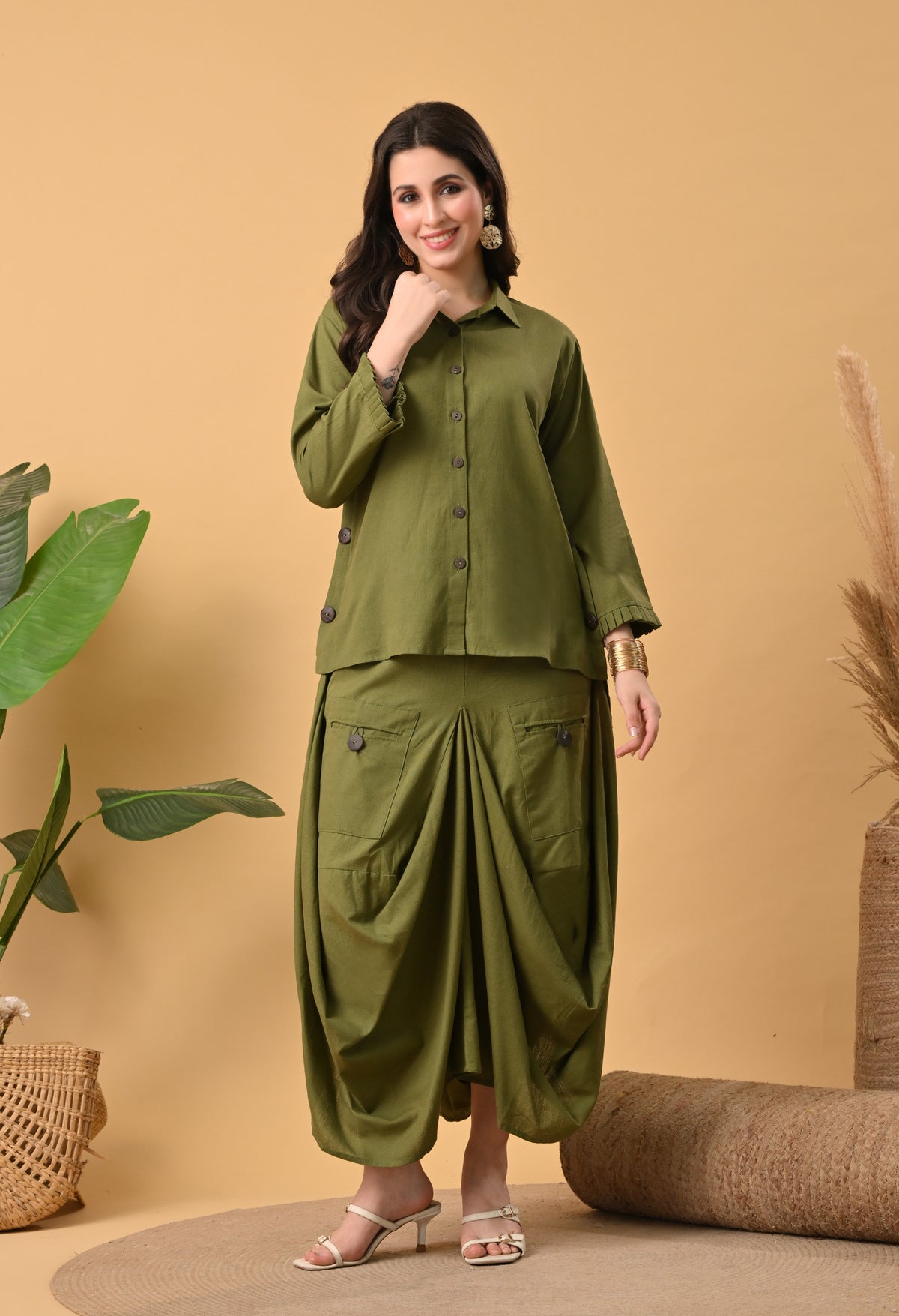 Olive Green Pure Cotton Drape Skirt Set