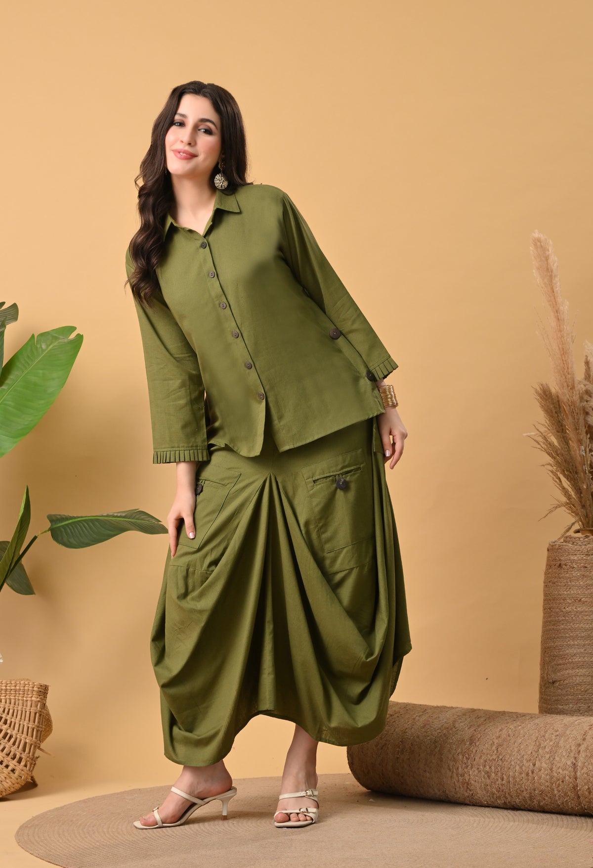 Olive Green Pure Cotton Drape Skirt Set