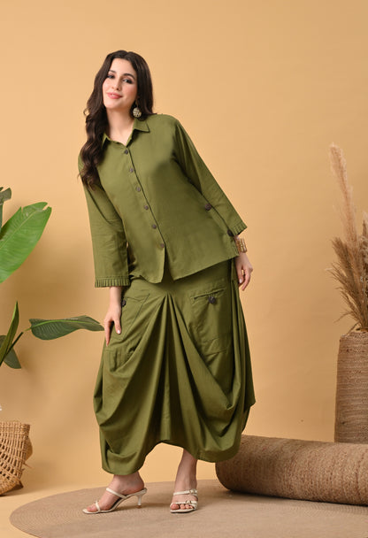 Olive Green Pure Cotton Drape Skirt Set