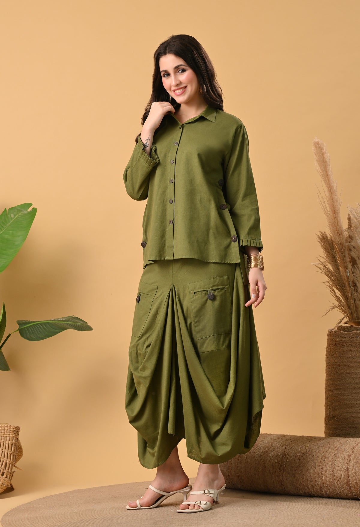 Olive Green Pure Cotton Drape Skirt Set