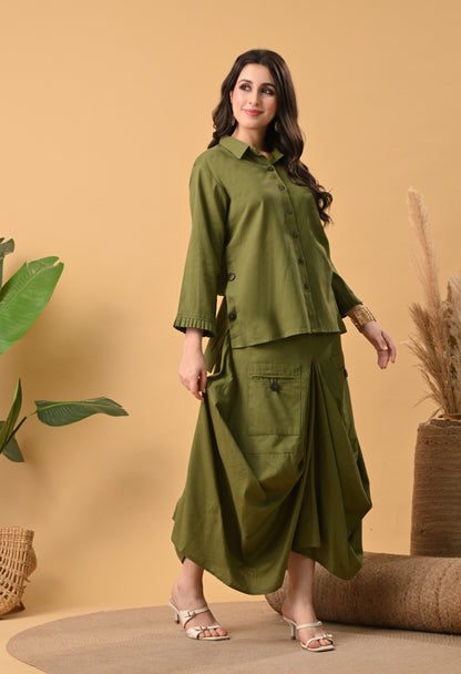Olive Green Pure Cotton Drape Skirt Set