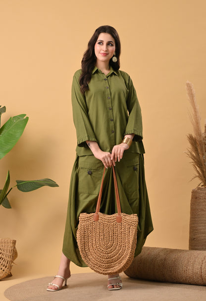Olive Green Pure Cotton Drape Skirt Set