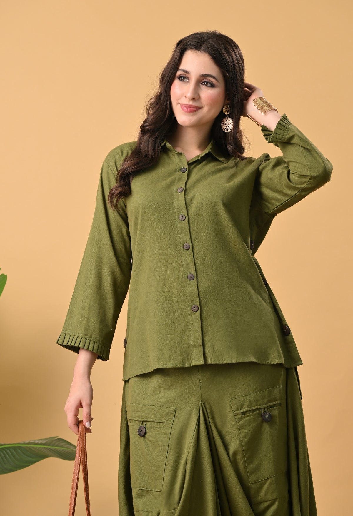 Olive Green Pure Cotton Drape Skirt Set
