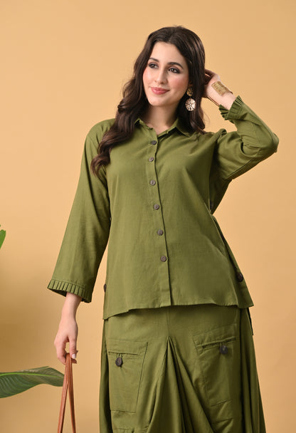 Olive Green Pure Cotton Drape Skirt Set