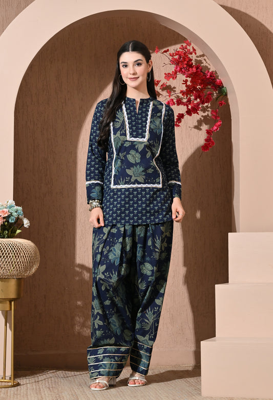 Indigo Forest Cotton Farshi Set