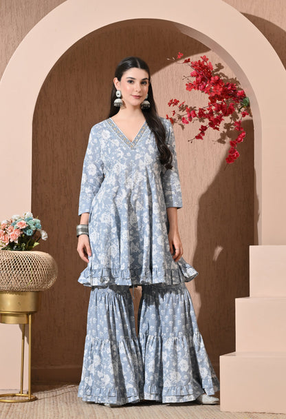 Serene Grey Cotton Sharara Set