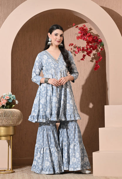 Serene Grey Cotton Sharara Set