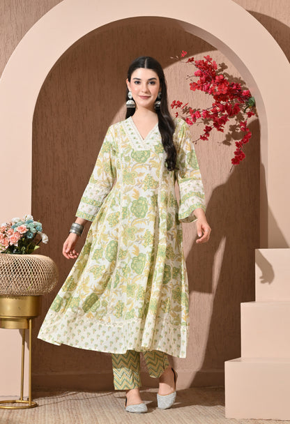 Pistachio Bloom Cotton Anarkali Suit Set