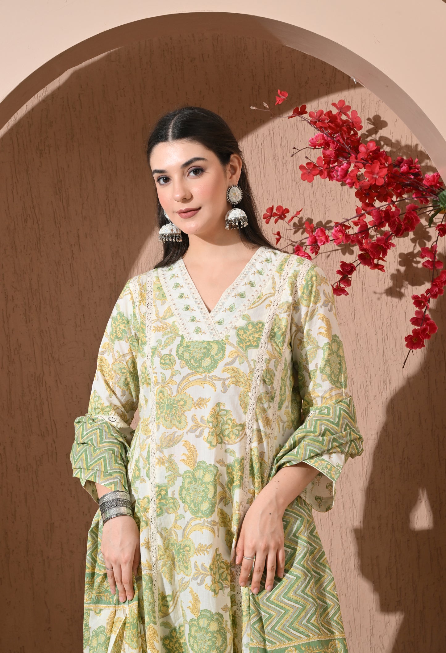 Pistachio Bloom Cotton Anarkali Suit Set