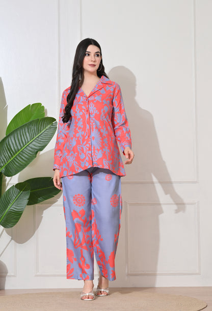 Coral Blossom Linen Co-ord Set