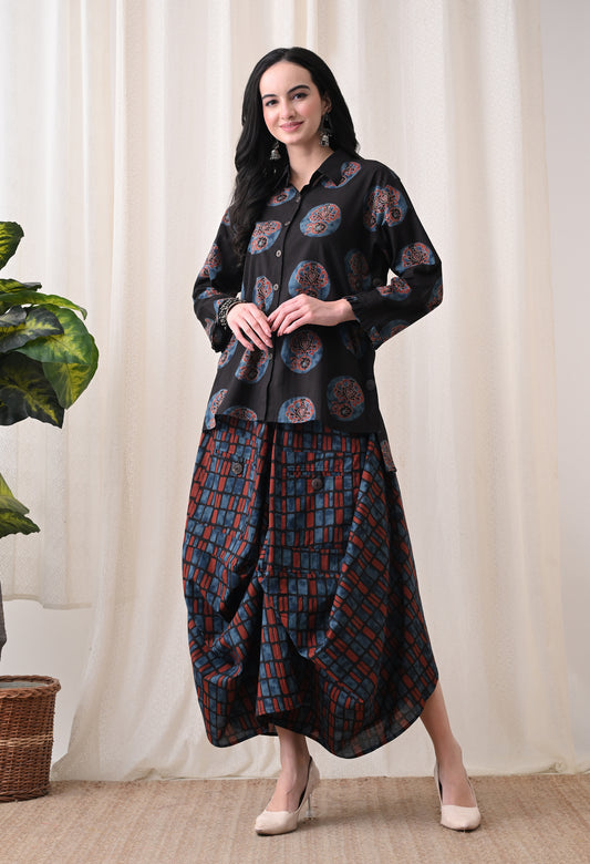 Midnight Black Hand-Block Print Shirt & Fluid Utility Dhoti Co-ord Set