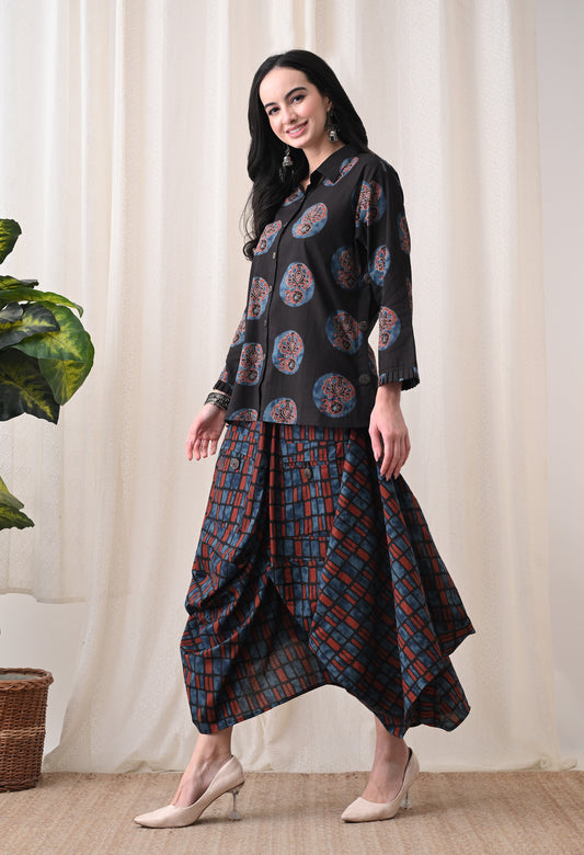 Midnight Black Hand-Block Print Shirt & Fluid Utility Dhoti Co-ord Set