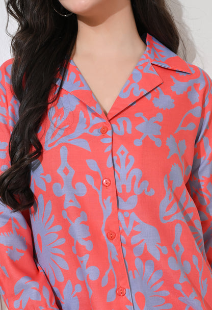 Coral Blossom Linen Co-ord Set
