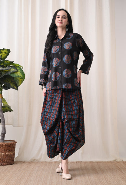 Midnight Black Hand-Block Print Shirt & Fluid Utility Dhoti Co-ord Set