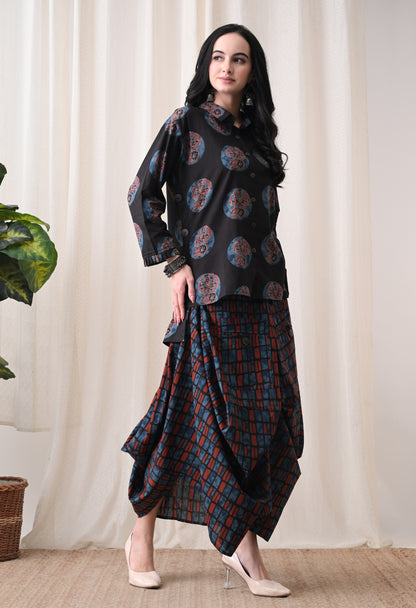 Midnight Black Hand-Block Print Shirt & Fluid Utility Dhoti Co-ord Set
