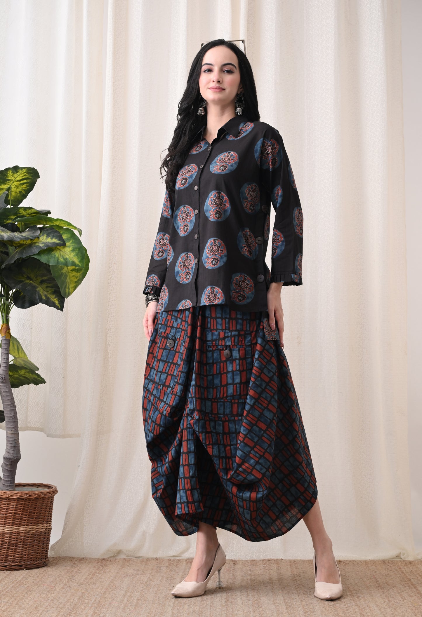 Midnight Black Hand-Block Print Shirt & Fluid Utility Dhoti Co-ord Set