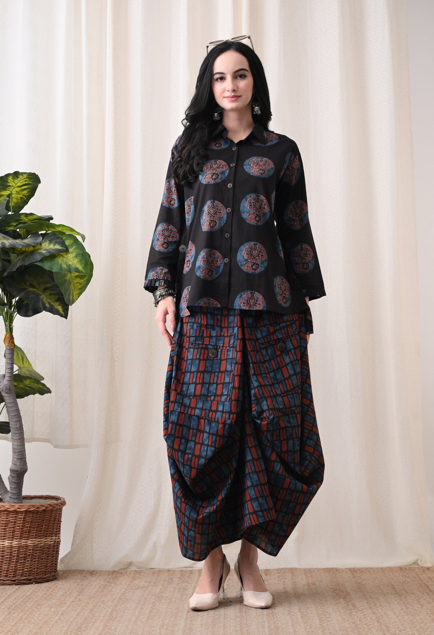 Midnight Black Hand-Block Print Shirt & Fluid Utility Dhoti Co-ord Set