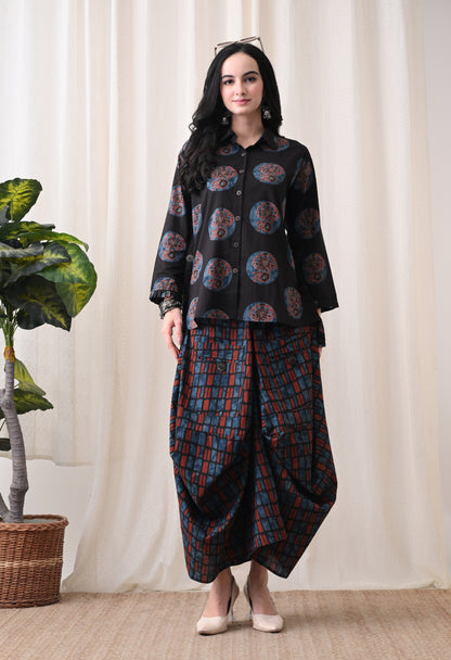 Midnight Black Hand-Block Print Shirt & Fluid Utility Dhoti Co-ord Set