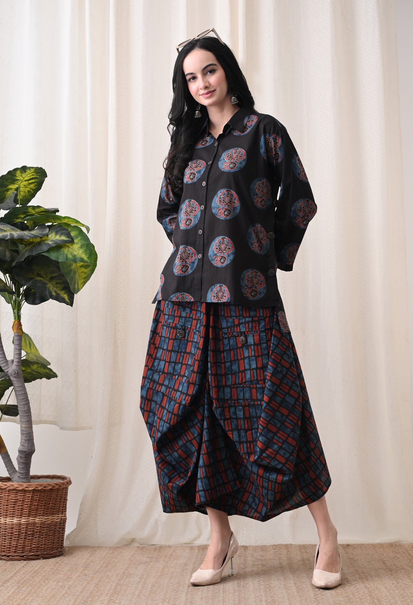 Midnight Black Hand-Block Print Shirt & Fluid Utility Dhoti Co-ord Set