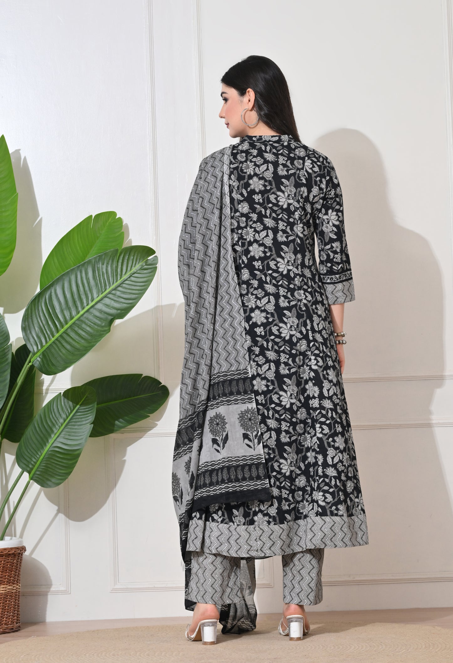 Monochrome Bloom Cotton Anarkali Suit Set